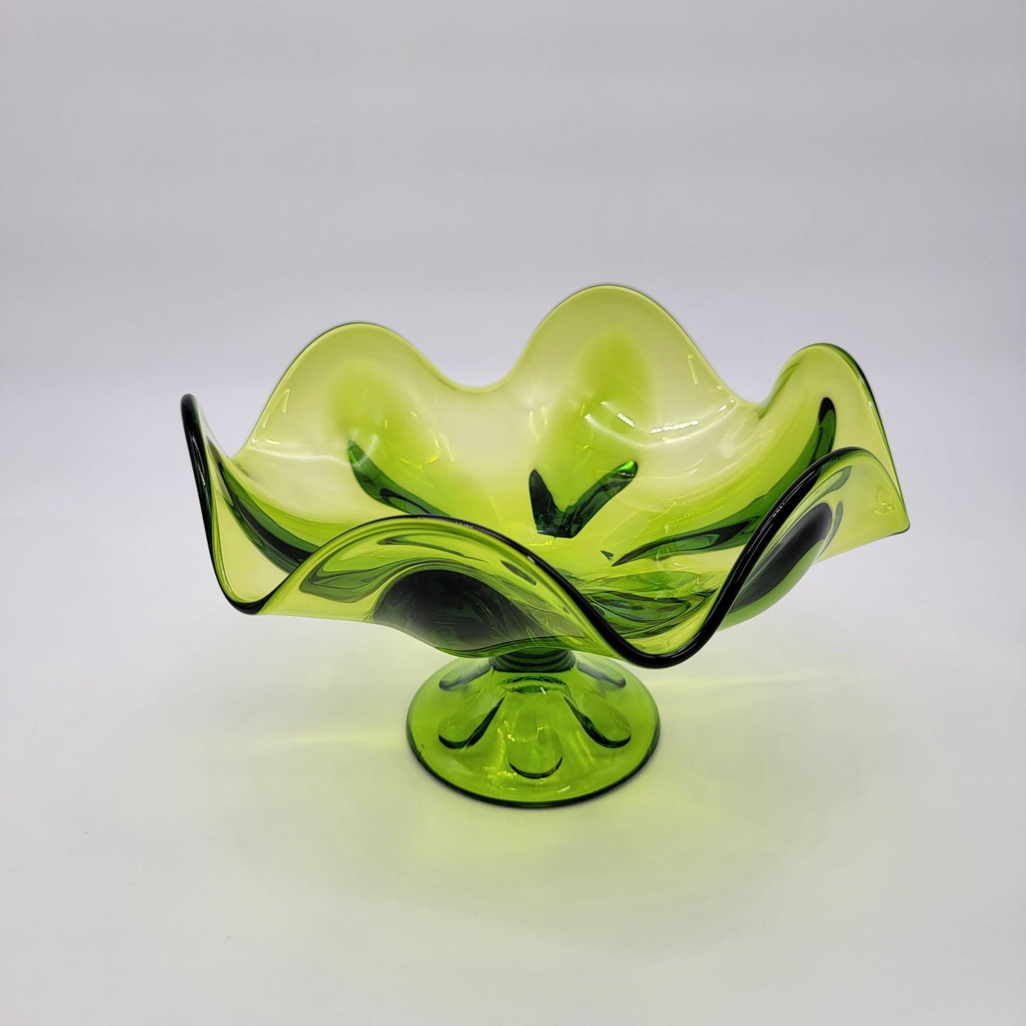 Mid Century Viking Glass 6 Petal Pedestal Bowl Green