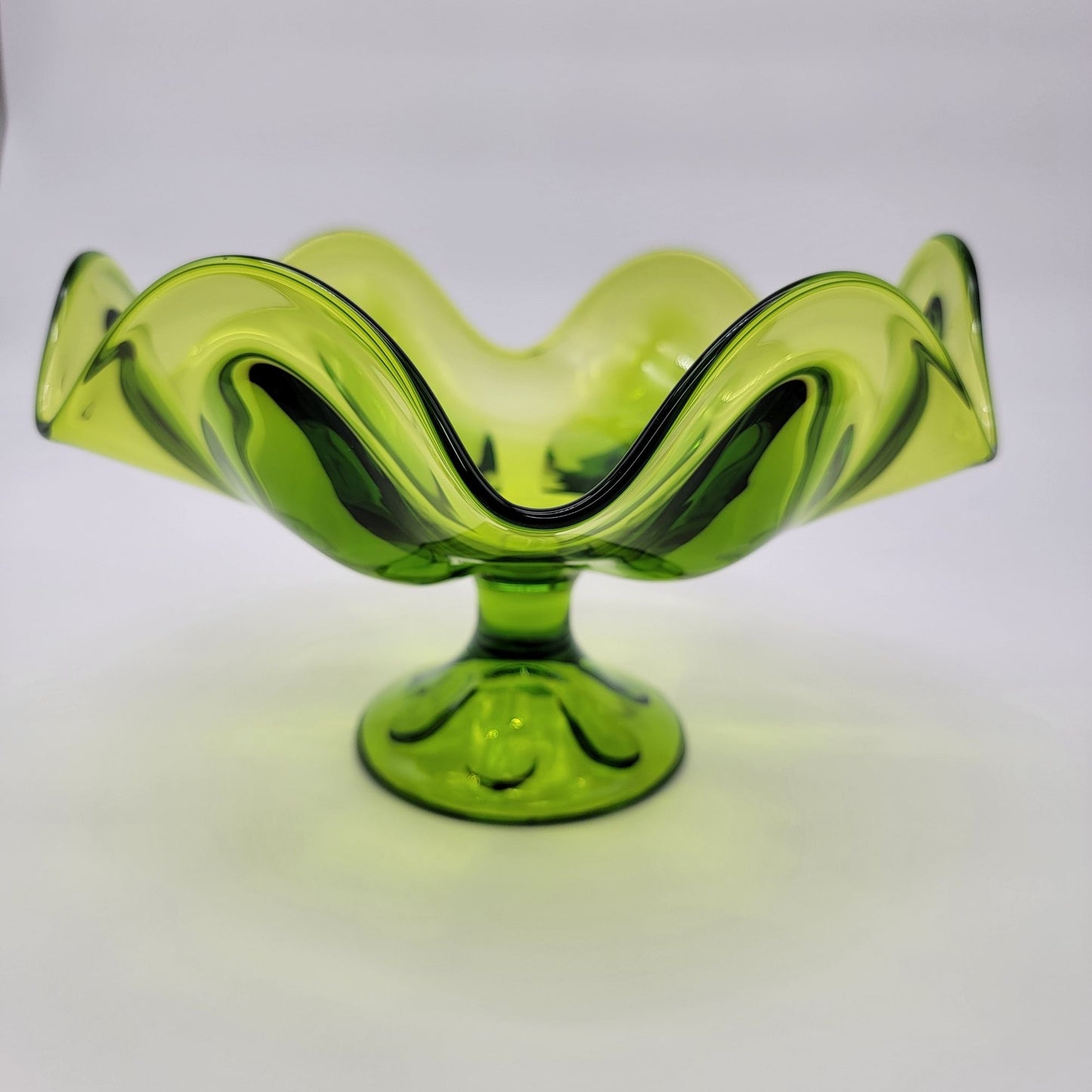 Mid Century Viking Glass 6 Petal Pedestal Bowl Green