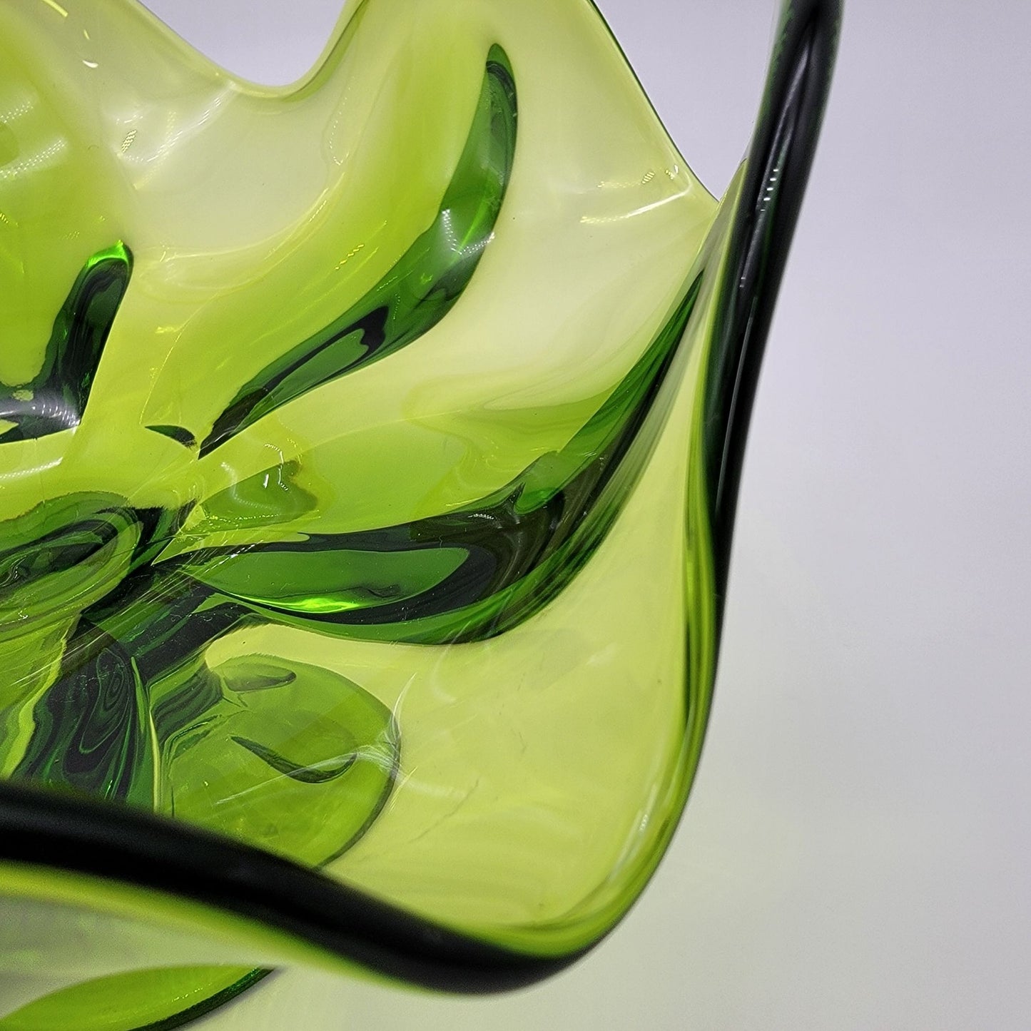 Mid Century Viking Glass 6 Petal Pedestal Bowl Green