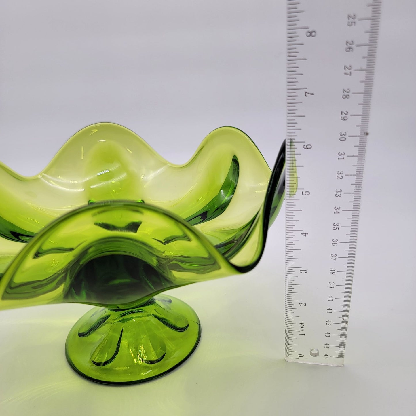 Mid Century Viking Glass 6 Petal Pedestal Bowl Green