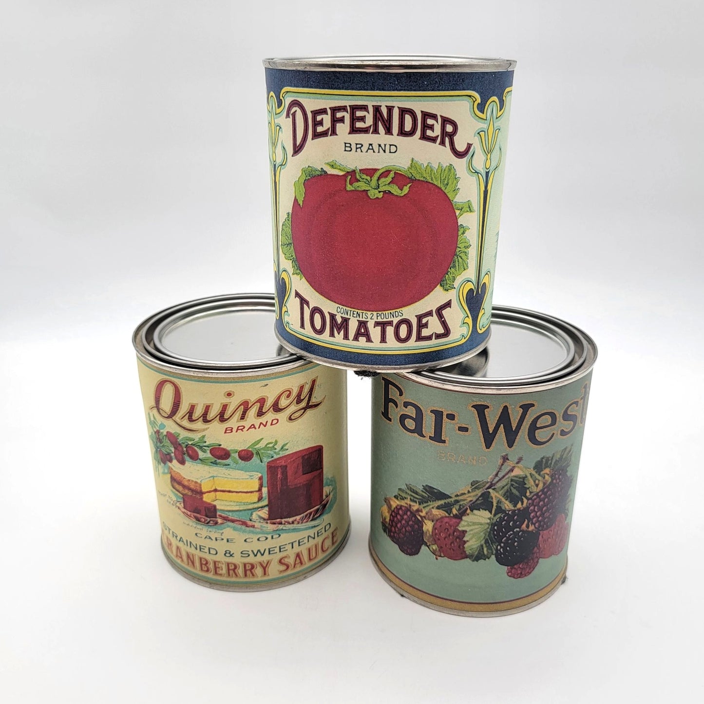 Reattached Antique Labels on Tin Cans Set Of 3