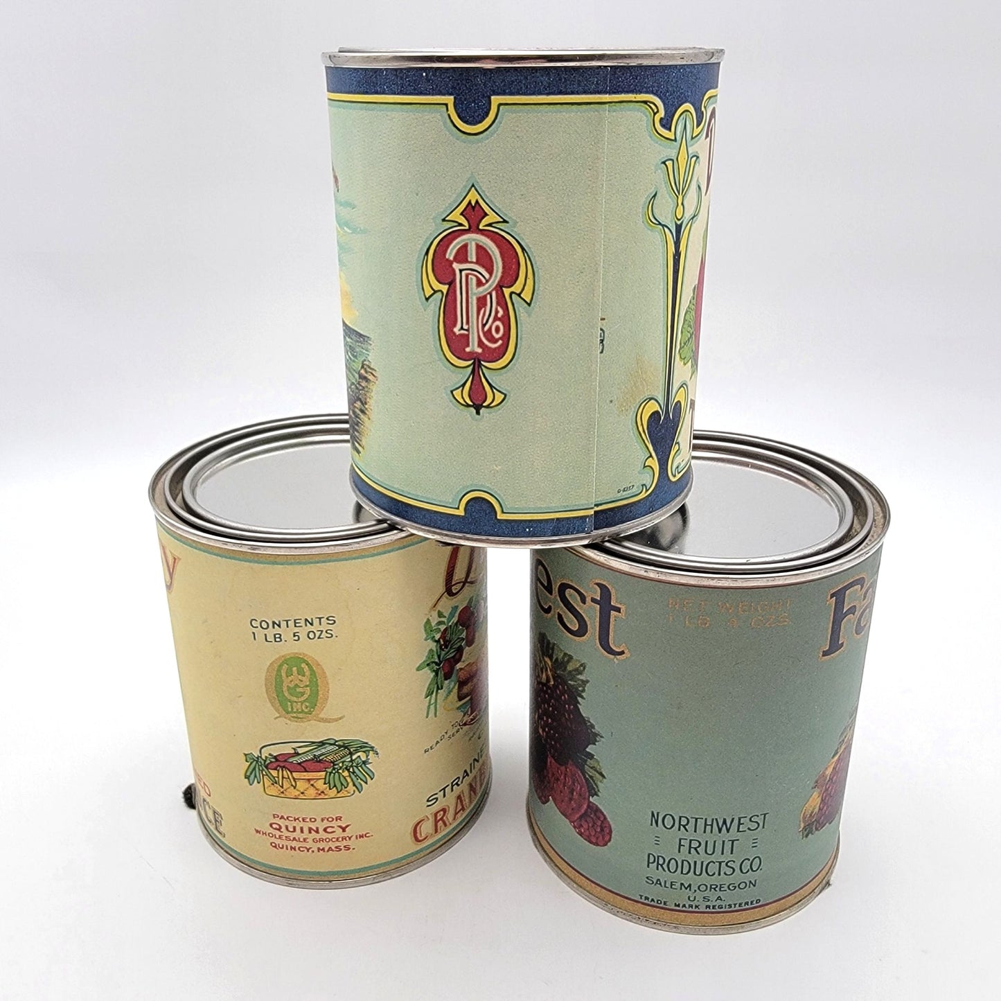 Reattached Antique Labels on Tin Cans Set Of 3