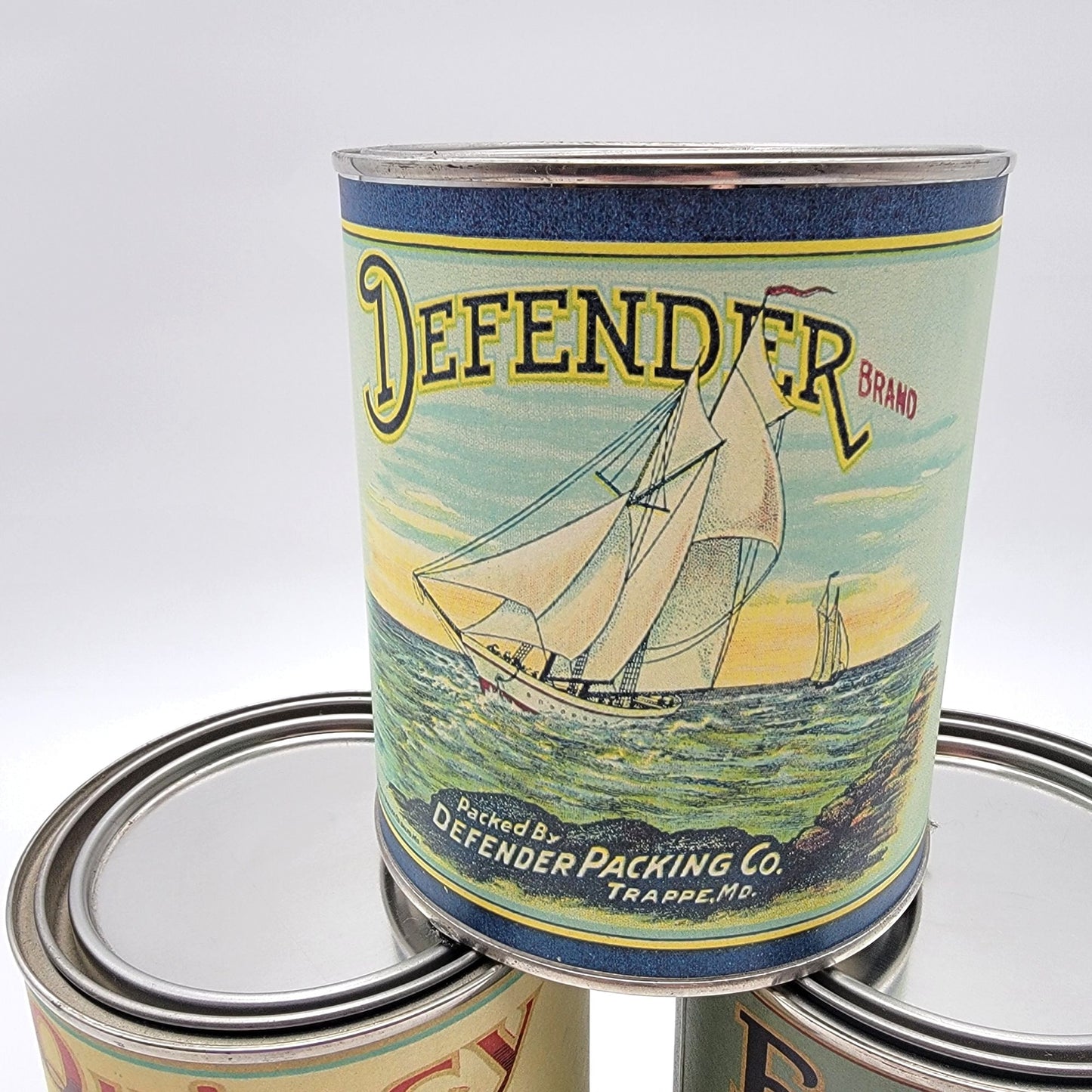 Reattached Antique Labels on Tin Cans Set Of 3