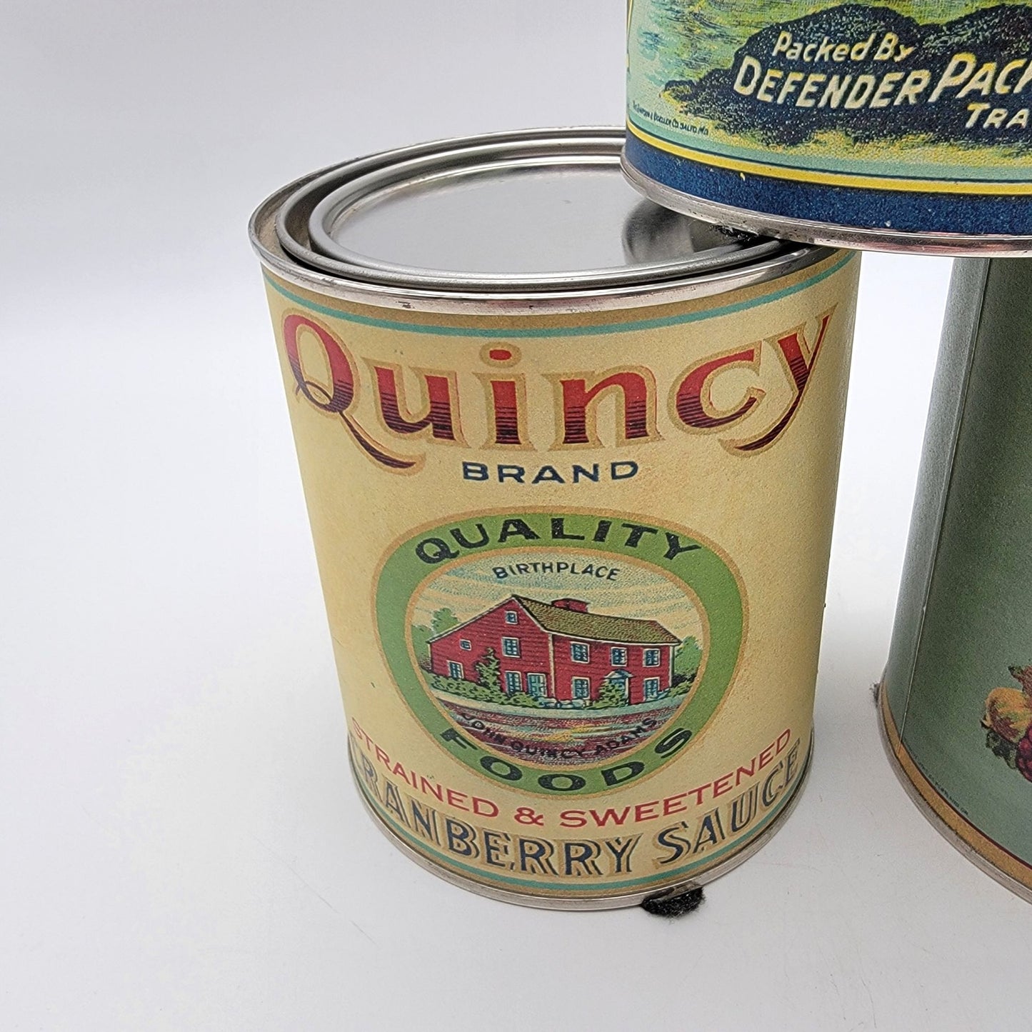 Reattached Antique Labels on Tin Cans Set Of 3