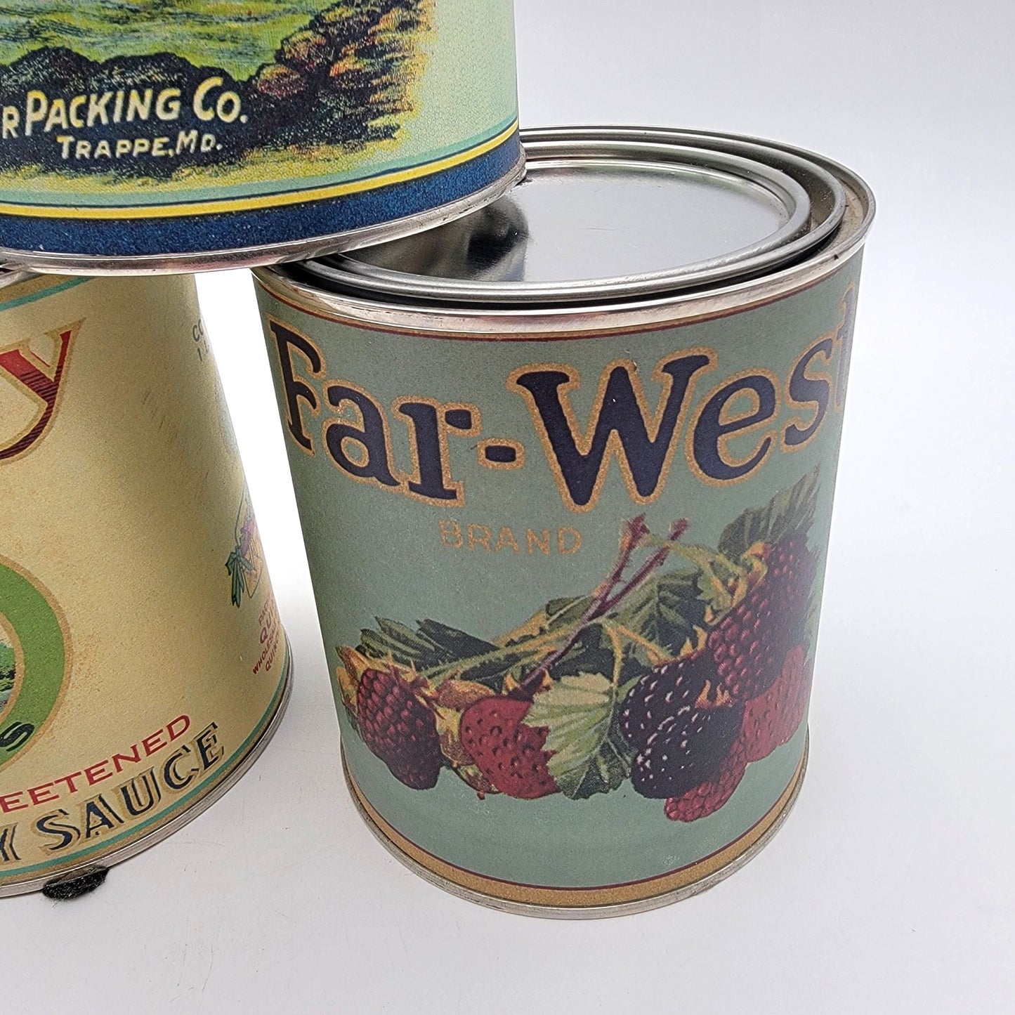 Reattached Antique Labels on Tin Cans Set Of 3