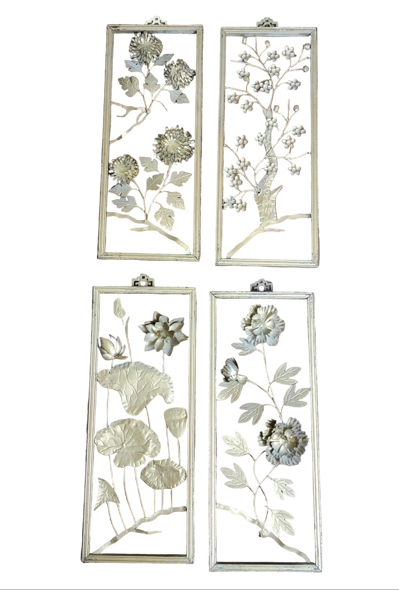Vintage Asian Floral Wall Art Gold Tone Openwork Panels Set Of 4