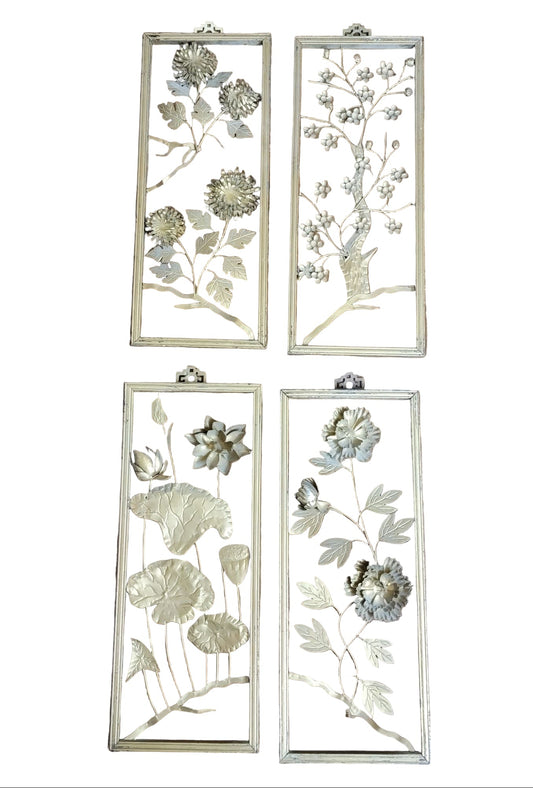 Vintage Asian Floral Wall Art Gold Tone Openwork Panels Set Of 4