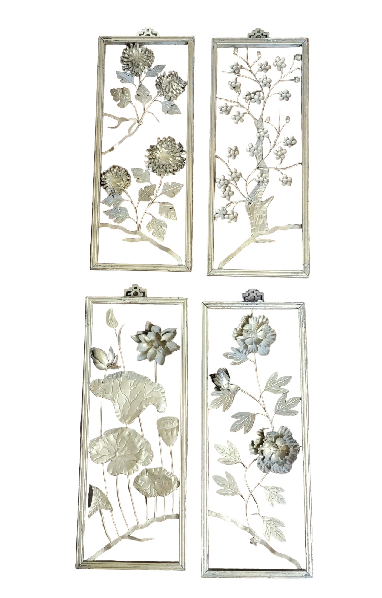 Vintage Asian Floral Wall Art Gold Tone Openwork Panels Set Of 4