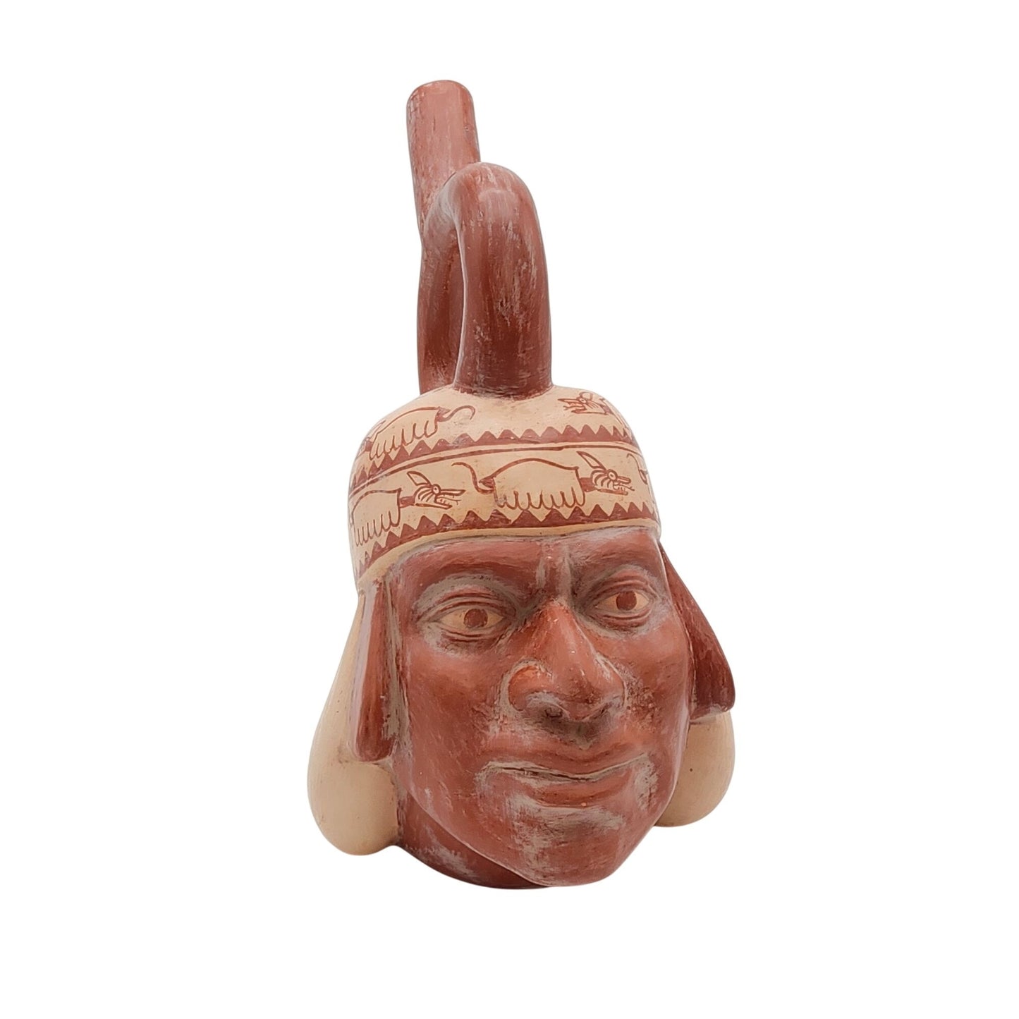 Chimu-Inspired Peruvian Pottery Stirrup Vessel Head Sculpture