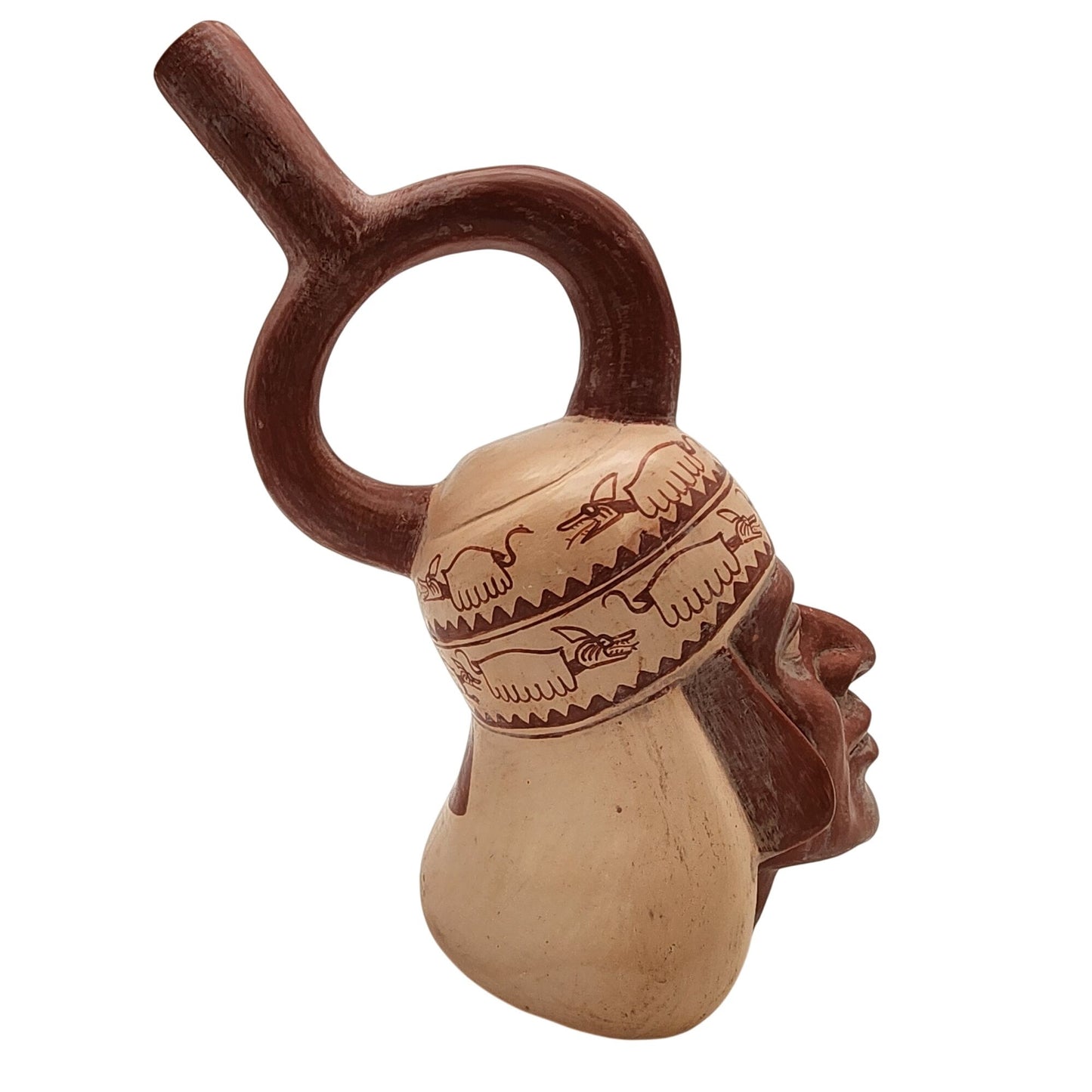 Chimu-Inspired Peruvian Pottery Stirrup Vessel Head Sculpture