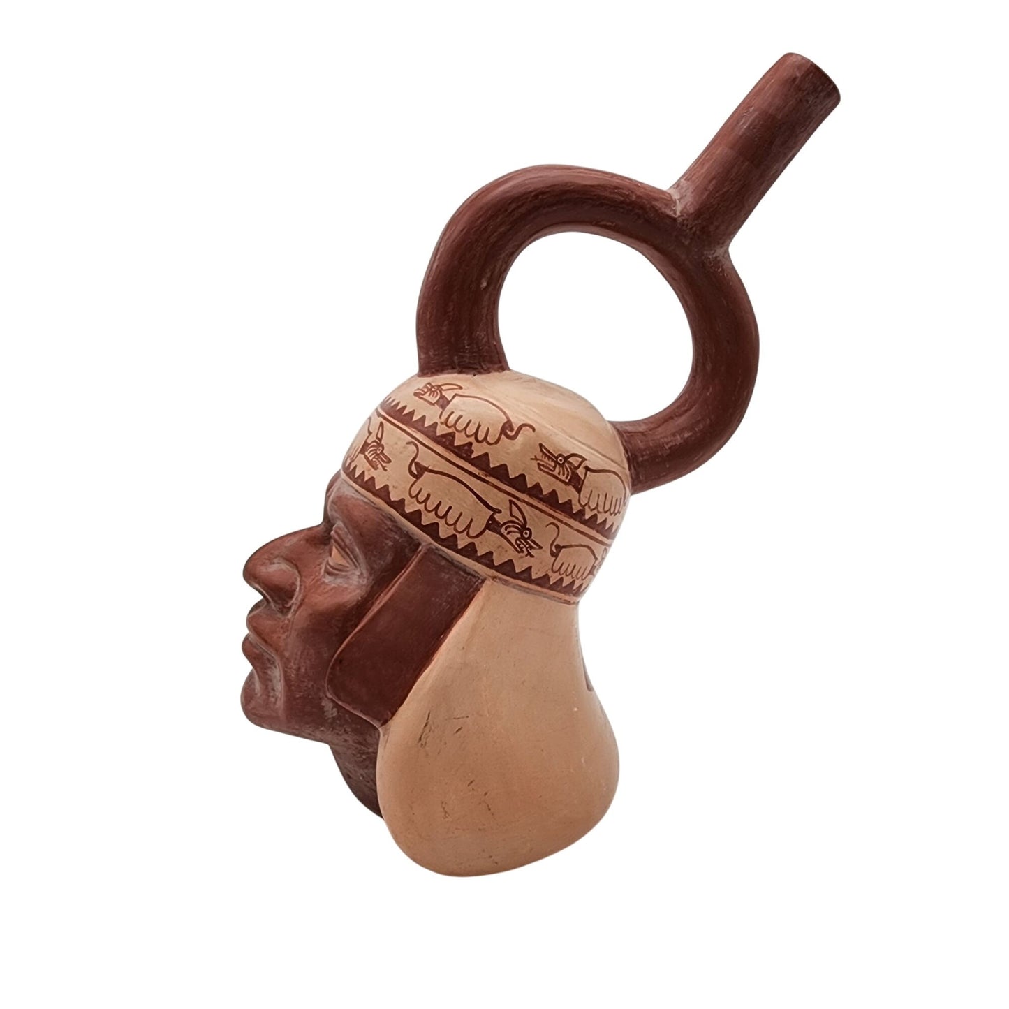 Chimu-Inspired Peruvian Pottery Stirrup Vessel Head Sculpture