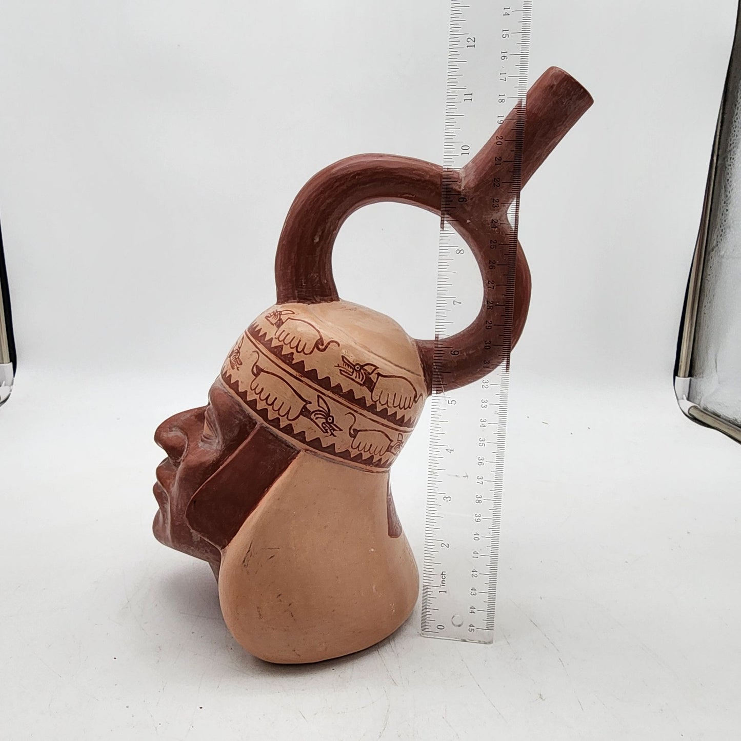 Chimu-Inspired Peruvian Pottery Stirrup Vessel Head Sculpture