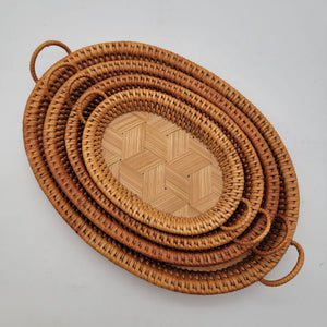 Set Of 4 Oval Rattan Serving Trays With Handles - Natural Woven Decorative Platters