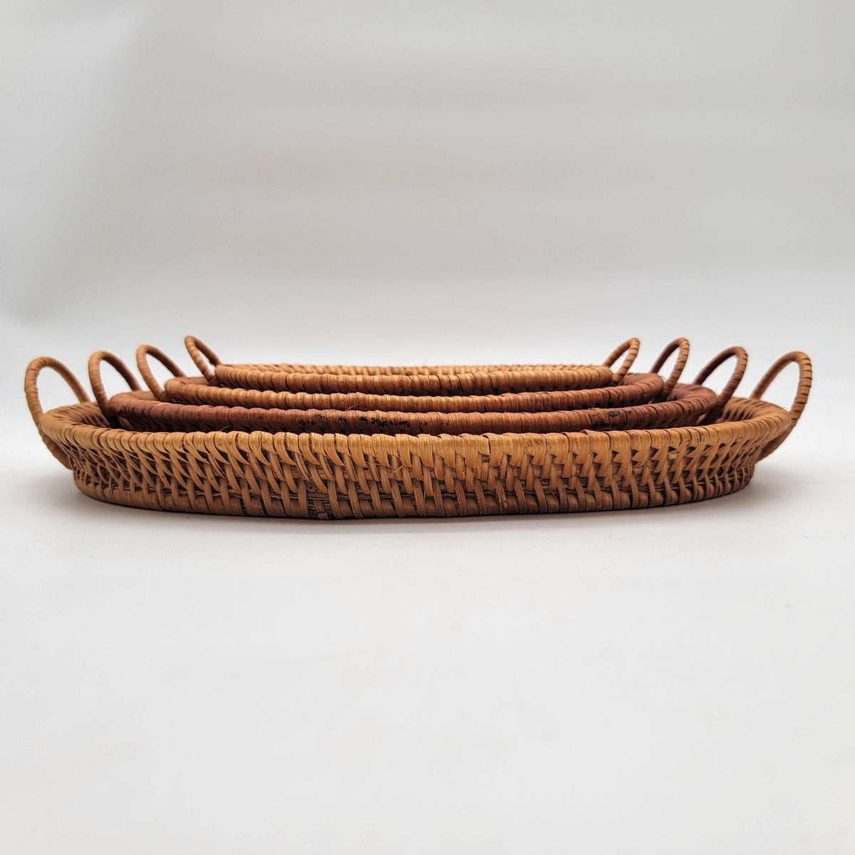 Set Of 4 Oval Rattan Serving Trays With Handles - Natural Woven Decorative Platters