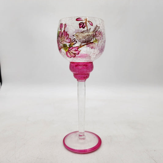 Pink Floral Bird Crackle Glass Goblet Candle Holder