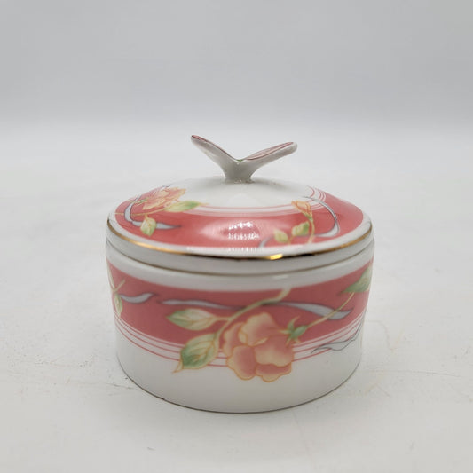 Vintage Lefton China Floral Pattern Lidded Trinket Box With Butterfly Knob