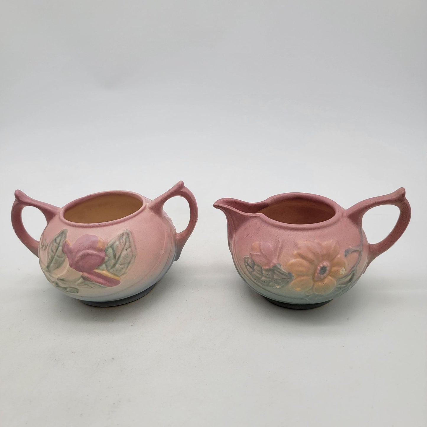 Vintage Hull Pottery Magnolia Pink & Blue Creamer & Sugar Set