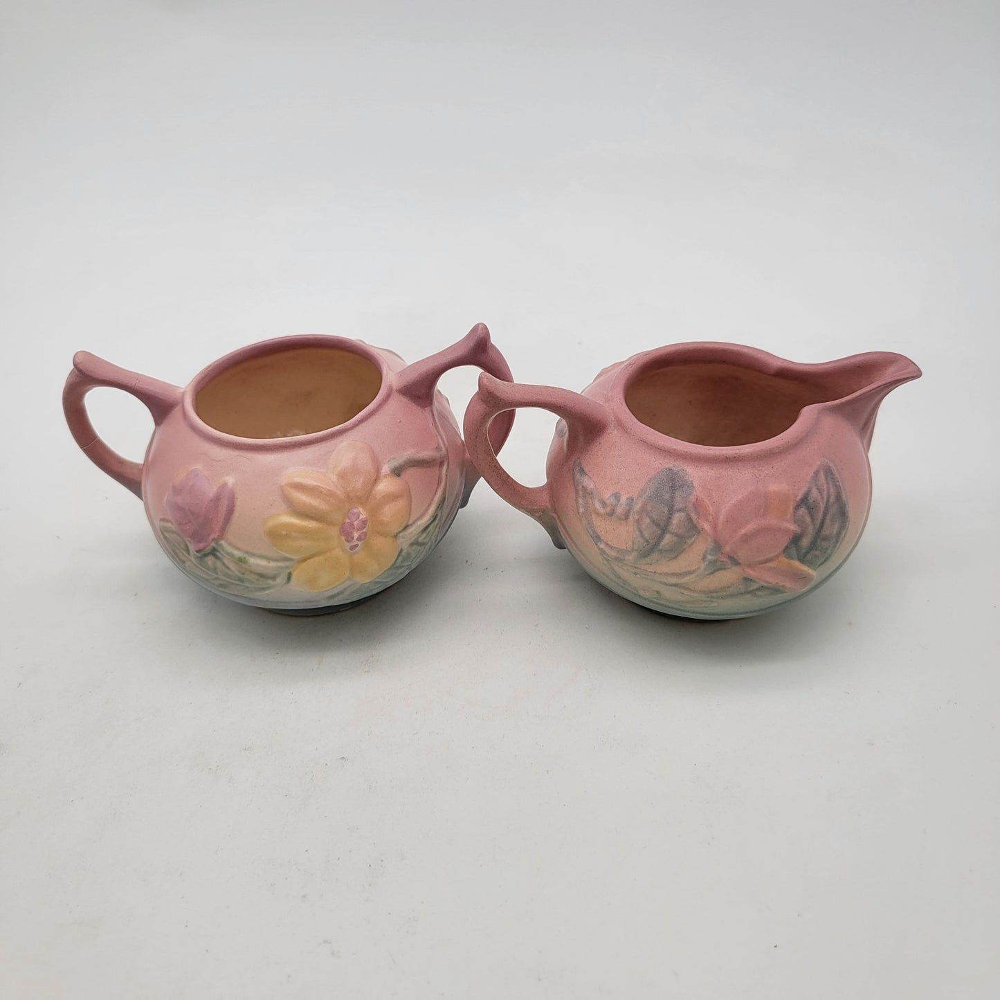 Vintage Hull Pottery Magnolia Pink & Blue Creamer & Sugar Set
