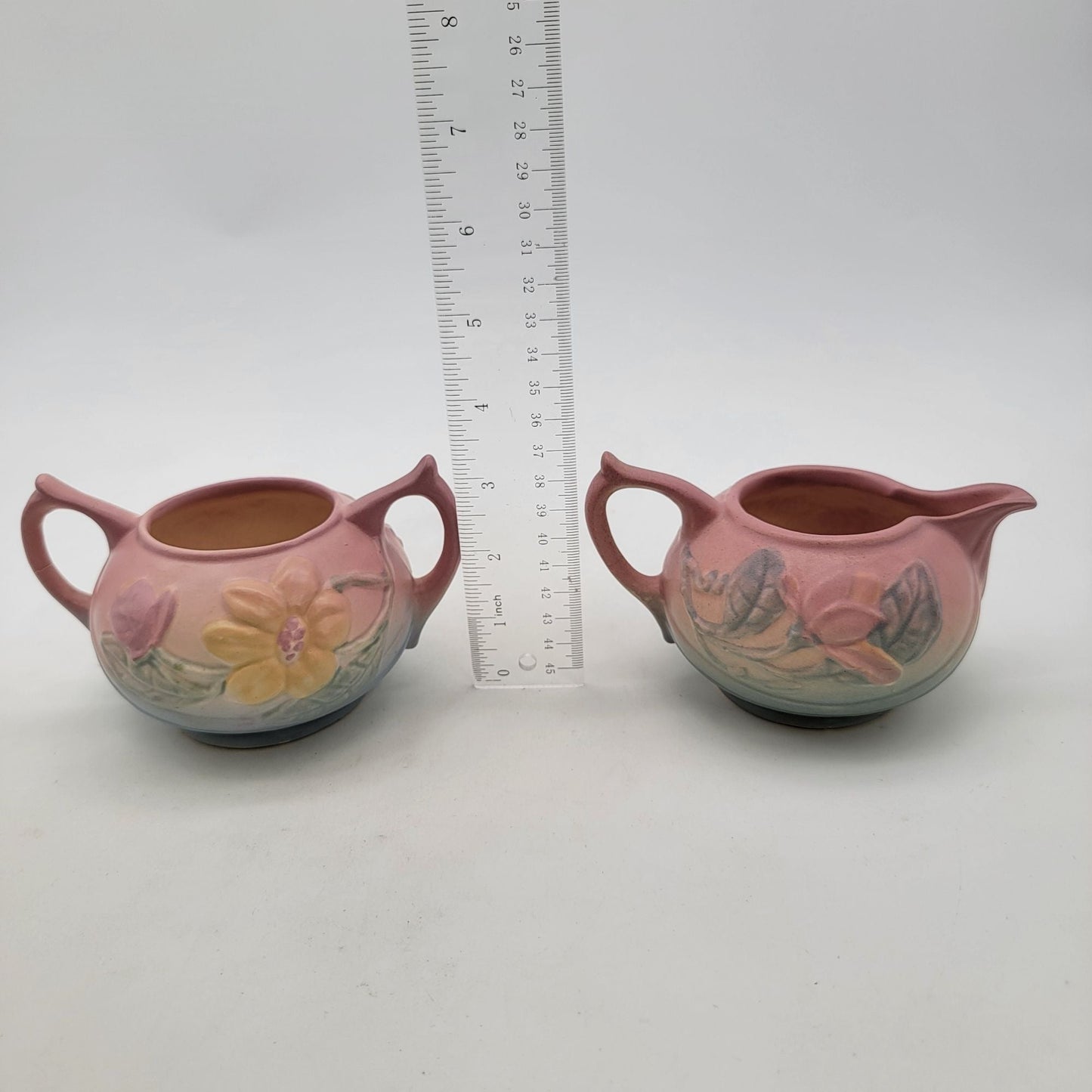Vintage Hull Pottery Magnolia Pink & Blue Creamer & Sugar Set