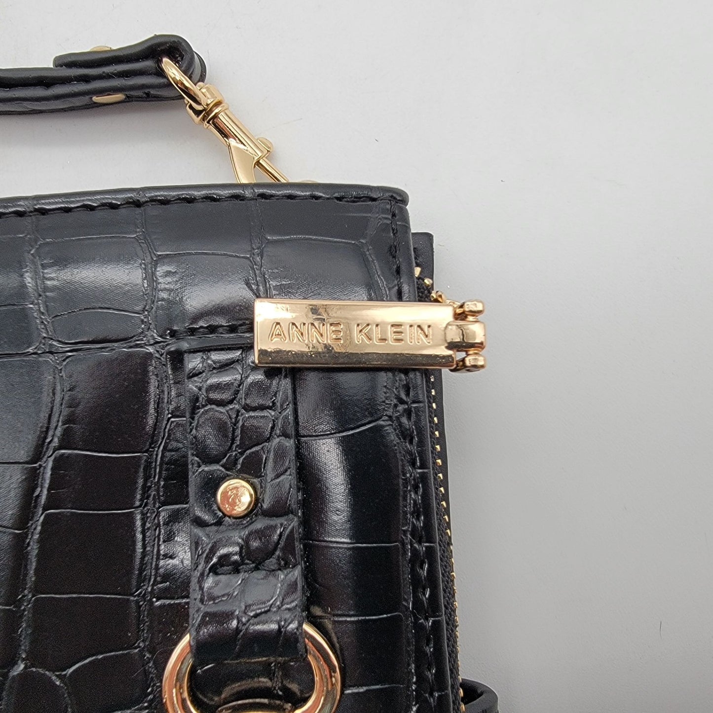 Anne Klein Black Croc-Embossed Horse Bit Wristlet Wallet