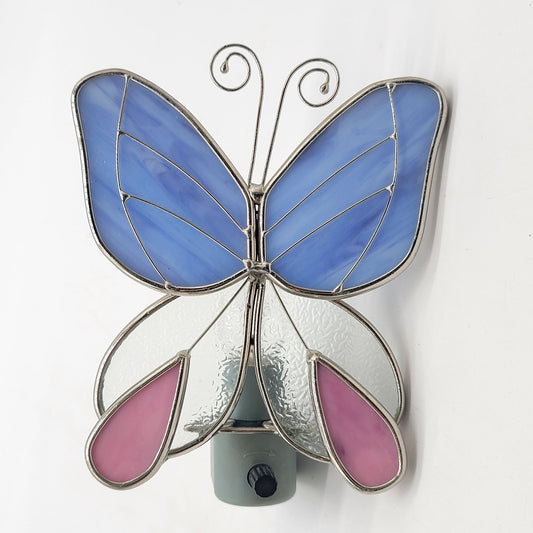 Stained Glass Butterfly Night Light Blue Pink