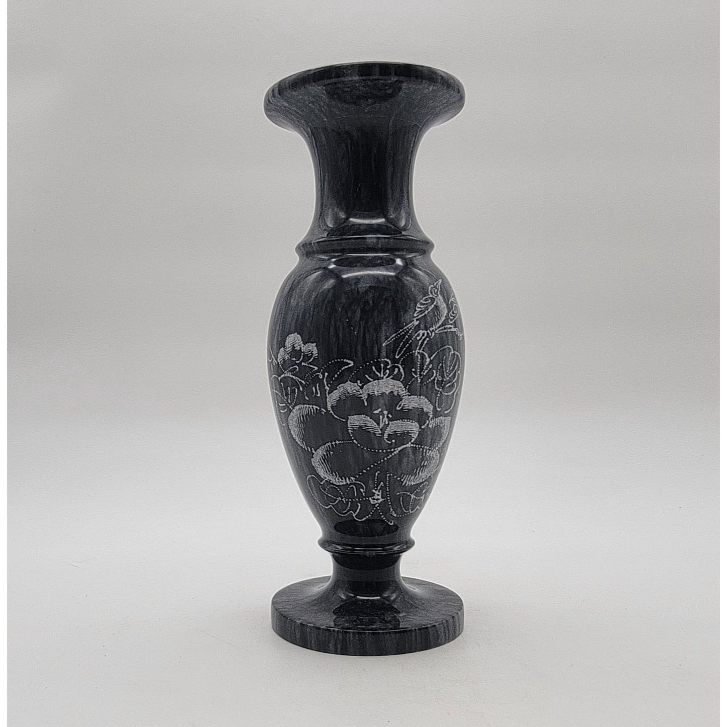 Vintage Black Marble Vase Etched Birds