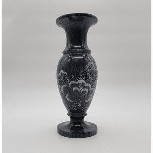Vintage Black Marble Vase Etched Birds