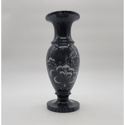 Vintage Black Marble Vase Etched Birds