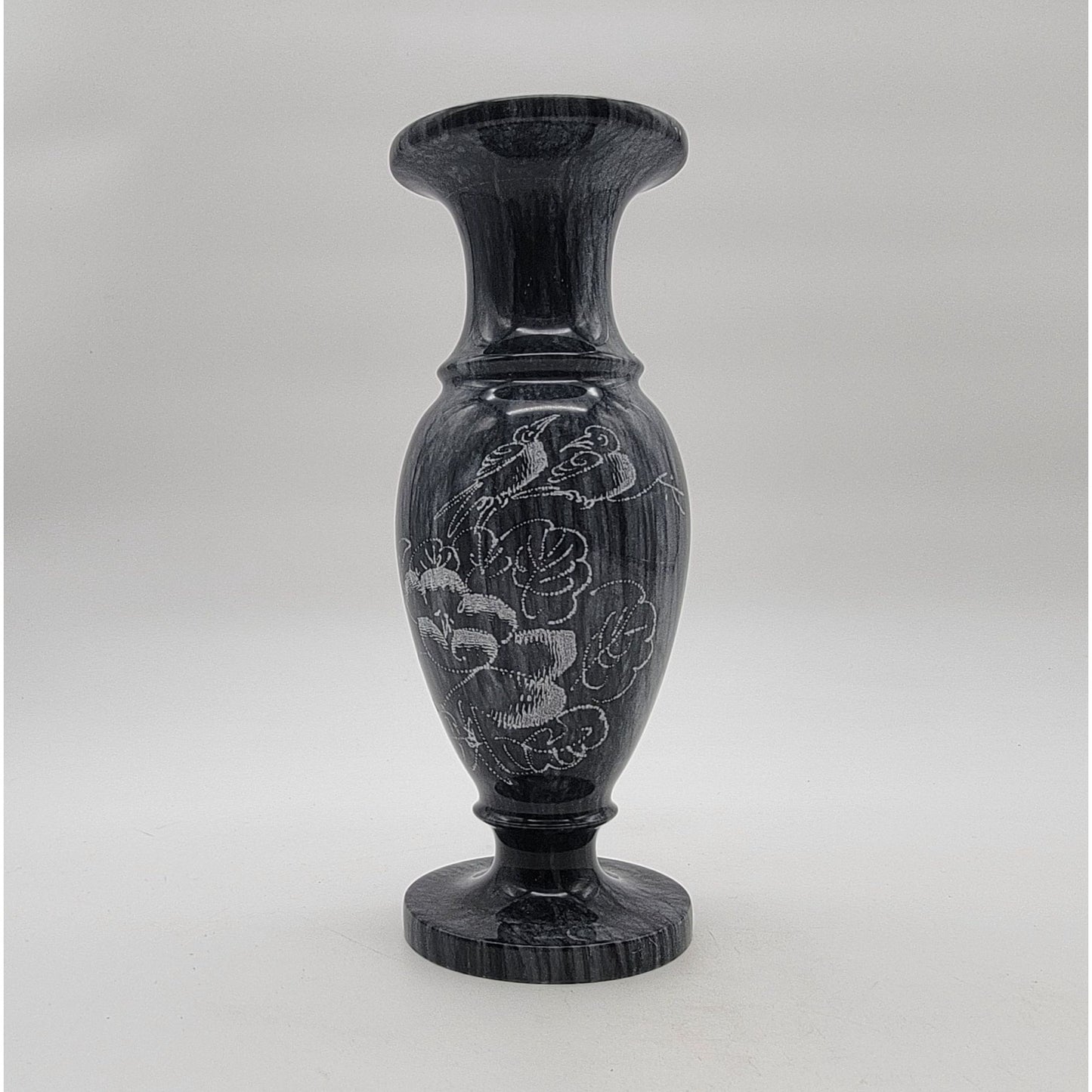 Vintage Black Marble Vase Etched Birds