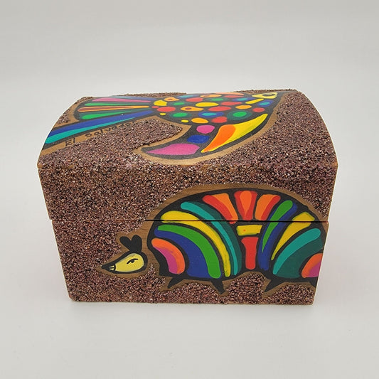 Sand Art Wooden Box With Colorful Bird Motif El Salvador