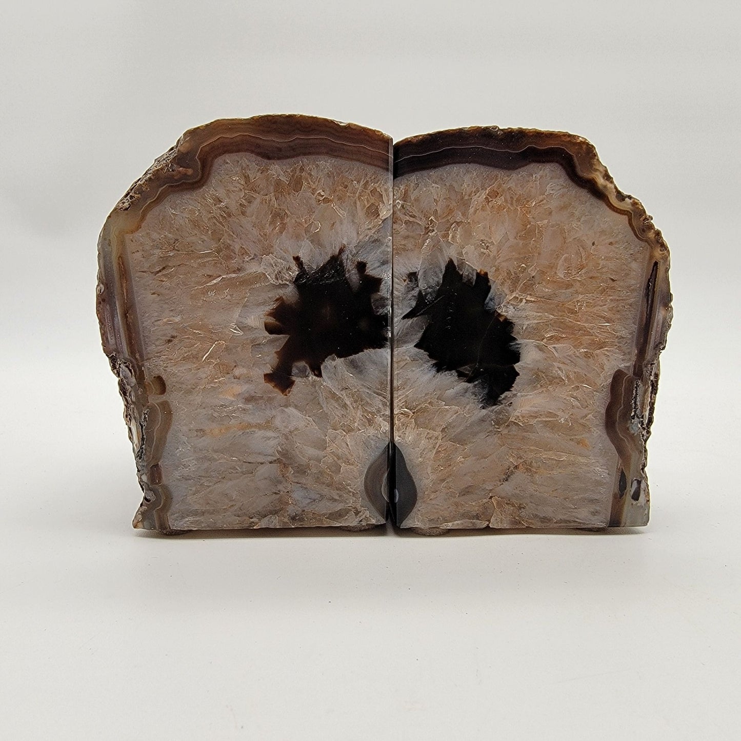 Vintage Modern Geode Banded Agate Bookends Quartz Druzy