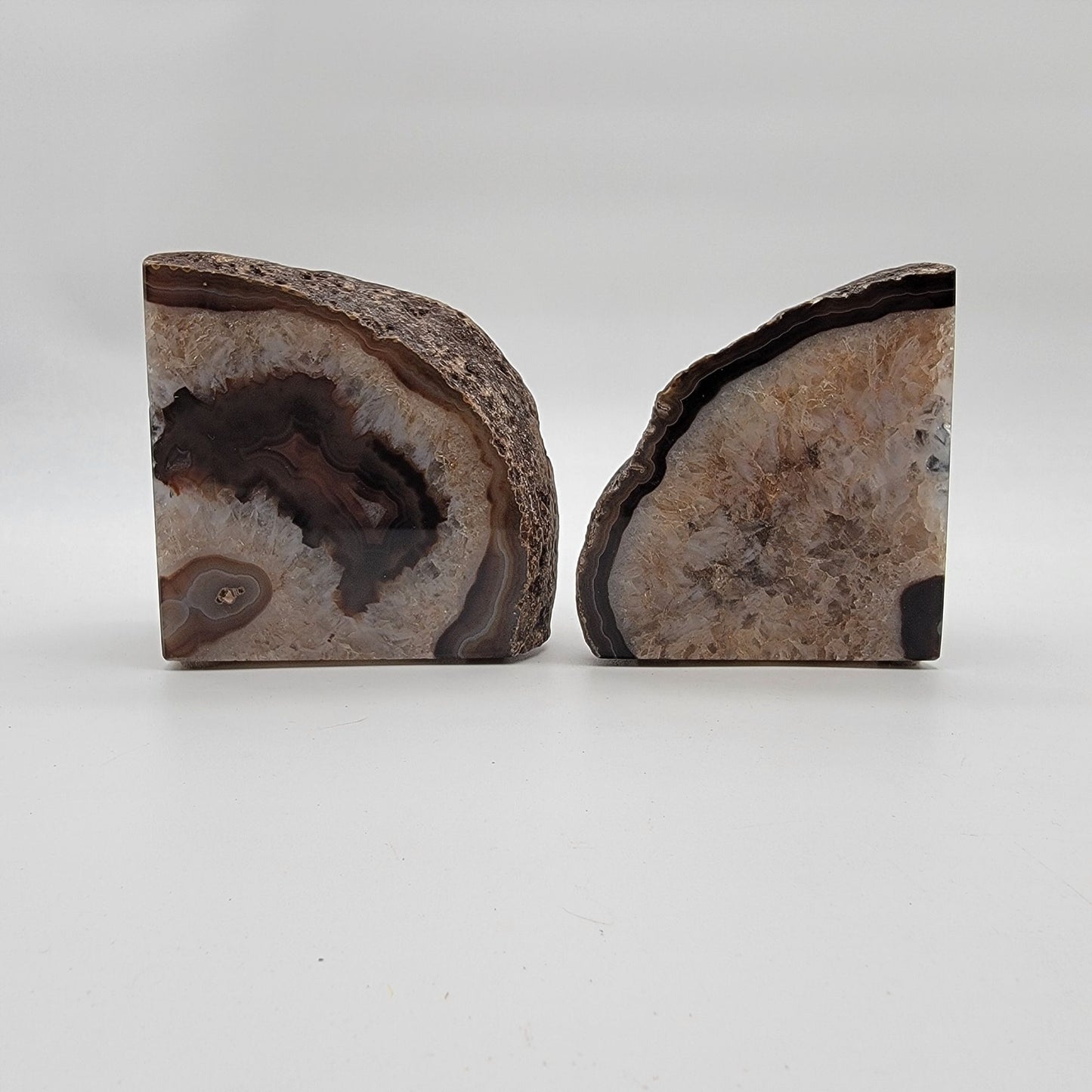 Vintage Modern Geode Banded Agate Bookends Quartz Druzy