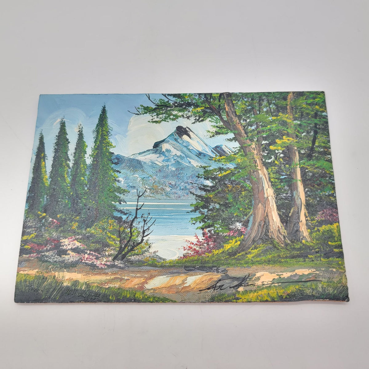 Original Landscape Oil Painting On Wood Panel With Impasto Texture Featuring Trees Mountains And A Lake Scene  5x7"