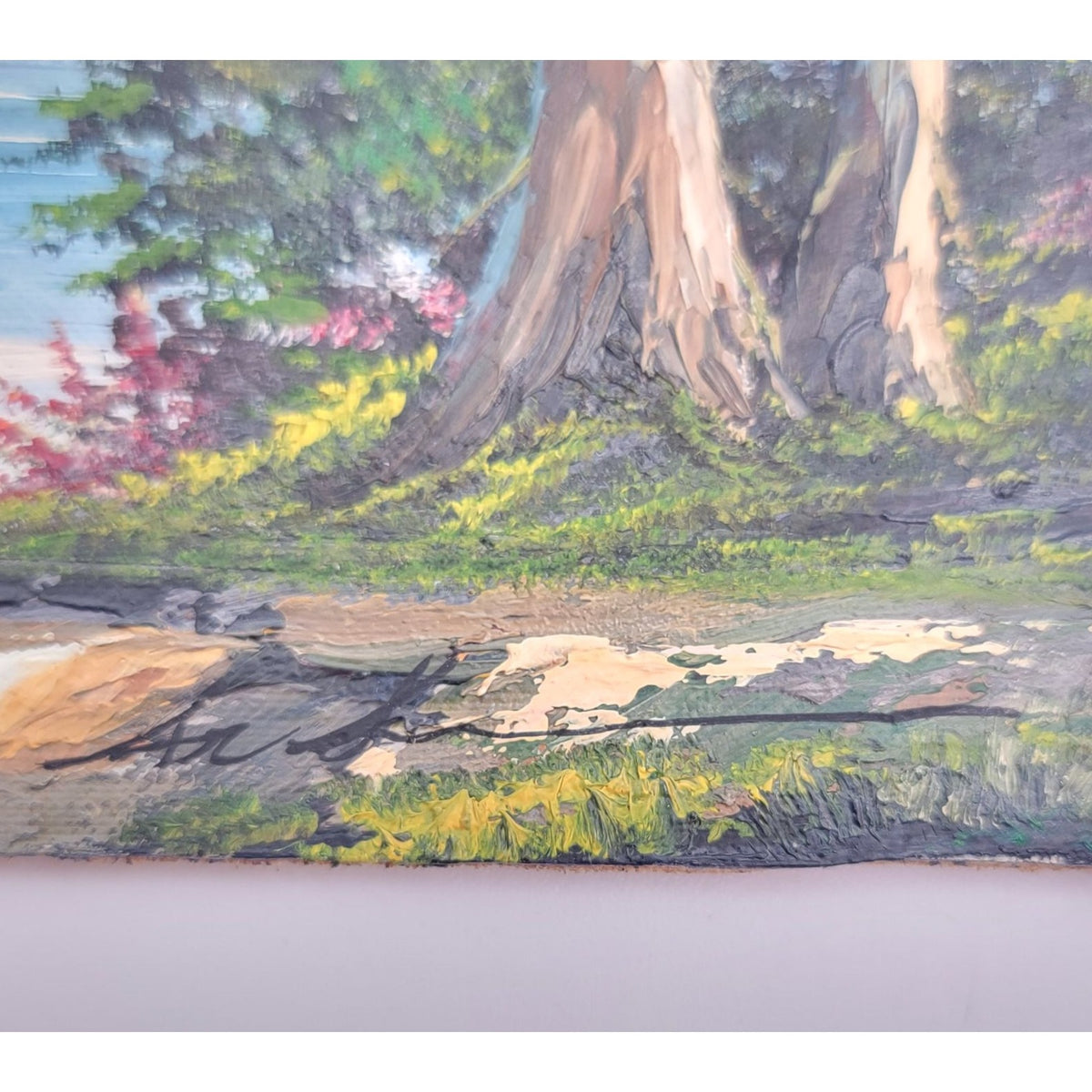 Original Landscape Oil Painting On Wood Panel With Impasto Texture Featuring Trees Mountains And A Lake Scene  5x7"