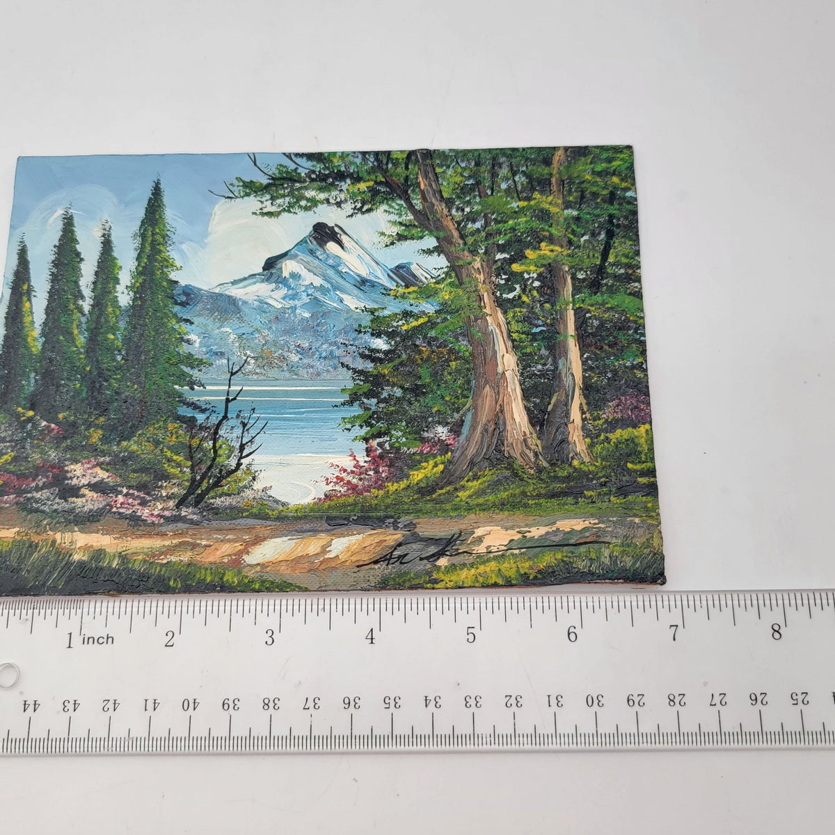 Original Landscape Oil Painting On Wood Panel With Impasto Texture Featuring Trees Mountains And A Lake Scene  5x7"