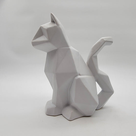 Abstract White Geometric Sitting Cat Statue