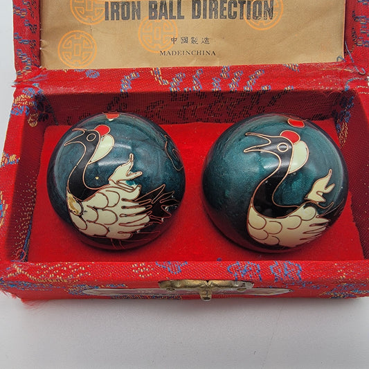 Vintage Shouxing Baoding Chime Therapy Balls Red-Crowned Crane Cloisonne