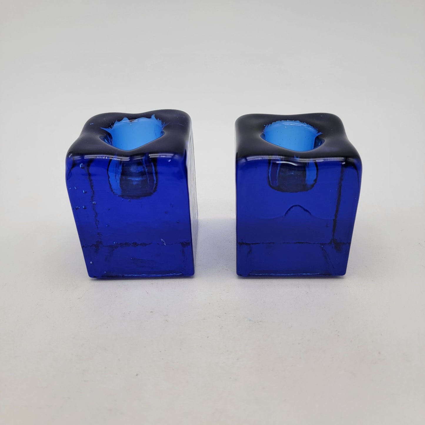Pair of Vintage Blenko Cobalt Blue Glass Ice Cube Candle Holders