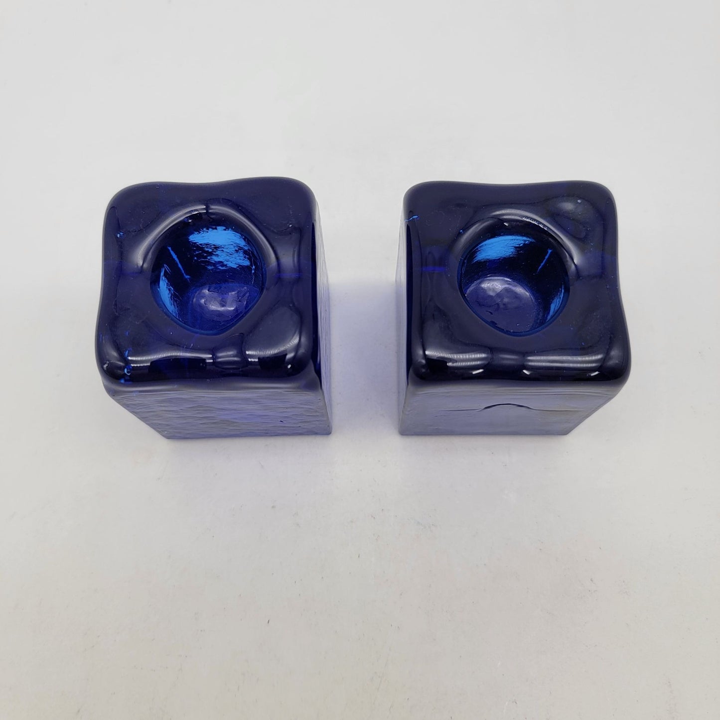 Pair of Vintage Blenko Cobalt Blue Glass Ice Cube Candle Holders
