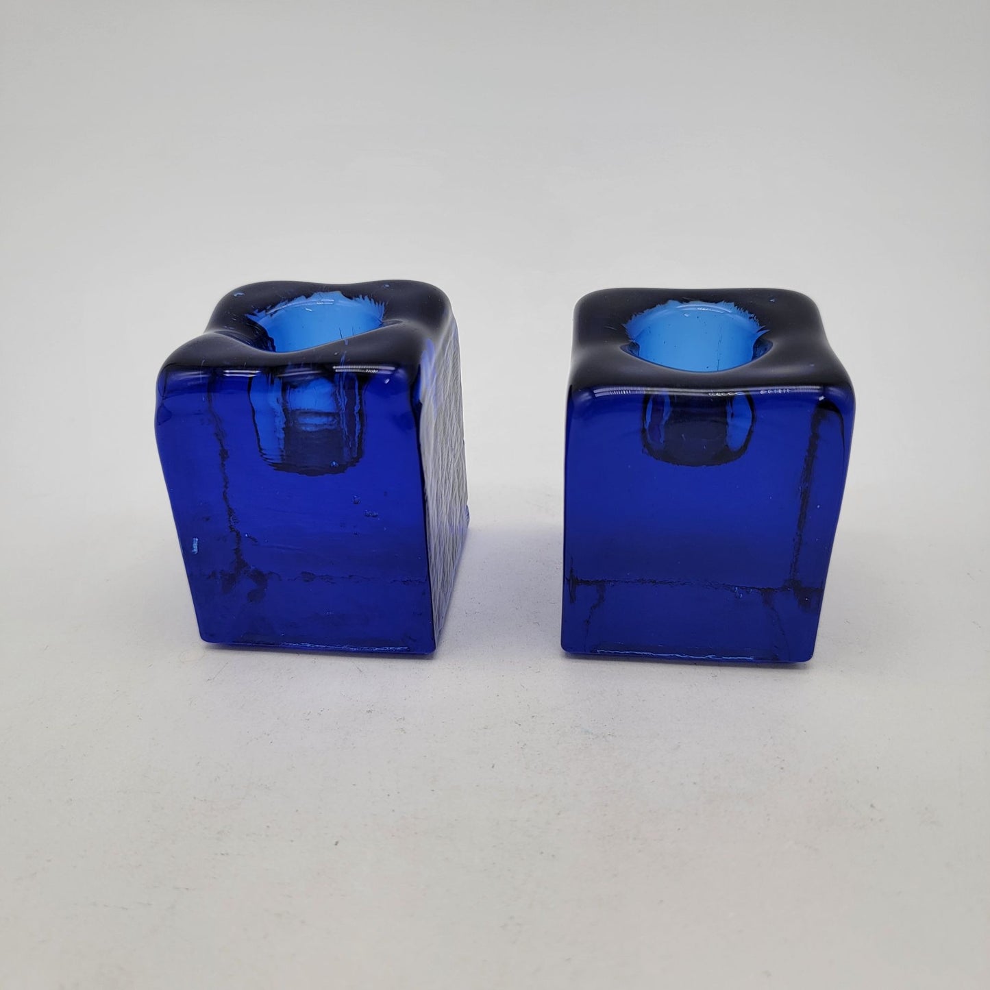 Pair of Vintage Blenko Cobalt Blue Glass Ice Cube Candle Holders