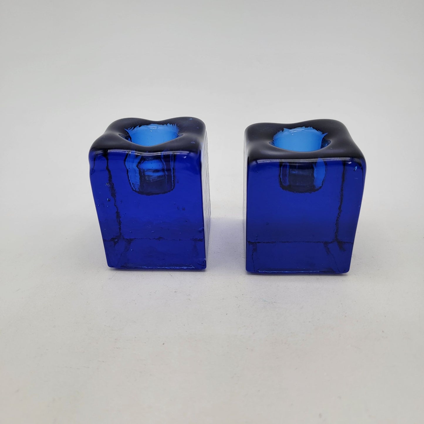 Pair of Vintage Blenko Cobalt Blue Glass Ice Cube Candle Holders