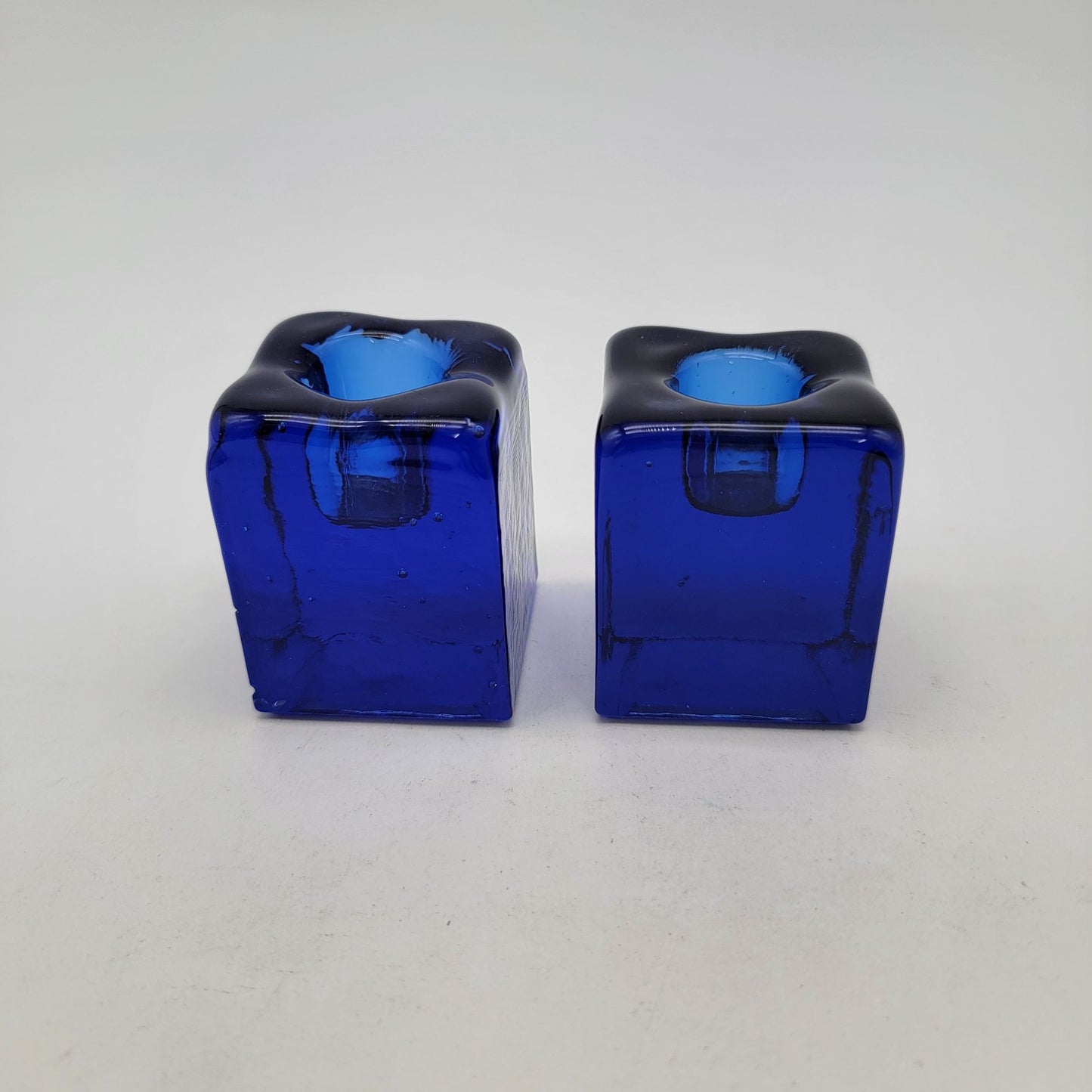 Pair of Vintage Blenko Cobalt Blue Glass Ice Cube Candle Holders