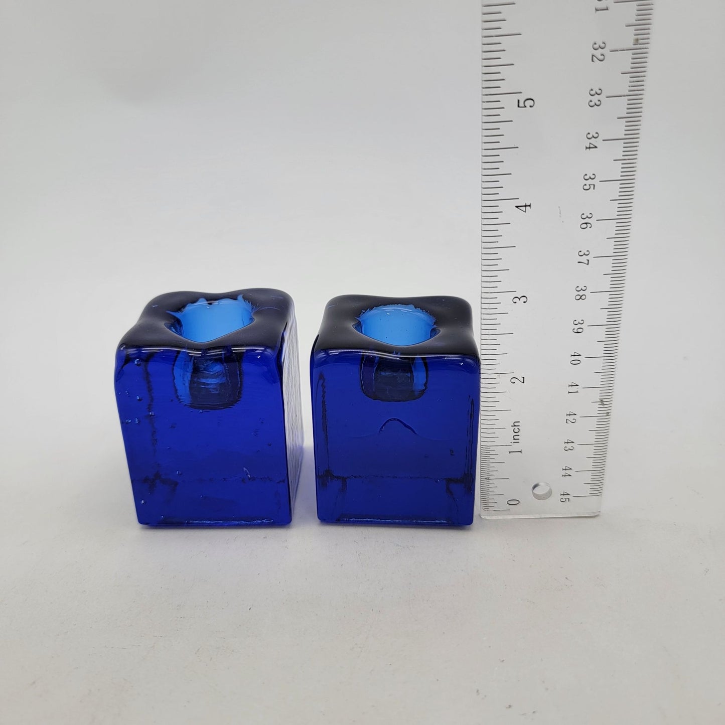 Pair of Vintage Blenko Cobalt Blue Glass Ice Cube Candle Holders