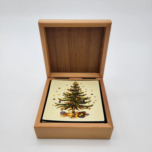 Lord & Taylor Taiwan Christmas Tree Coasters Cork Backing Set Of 6 In Wooden Box