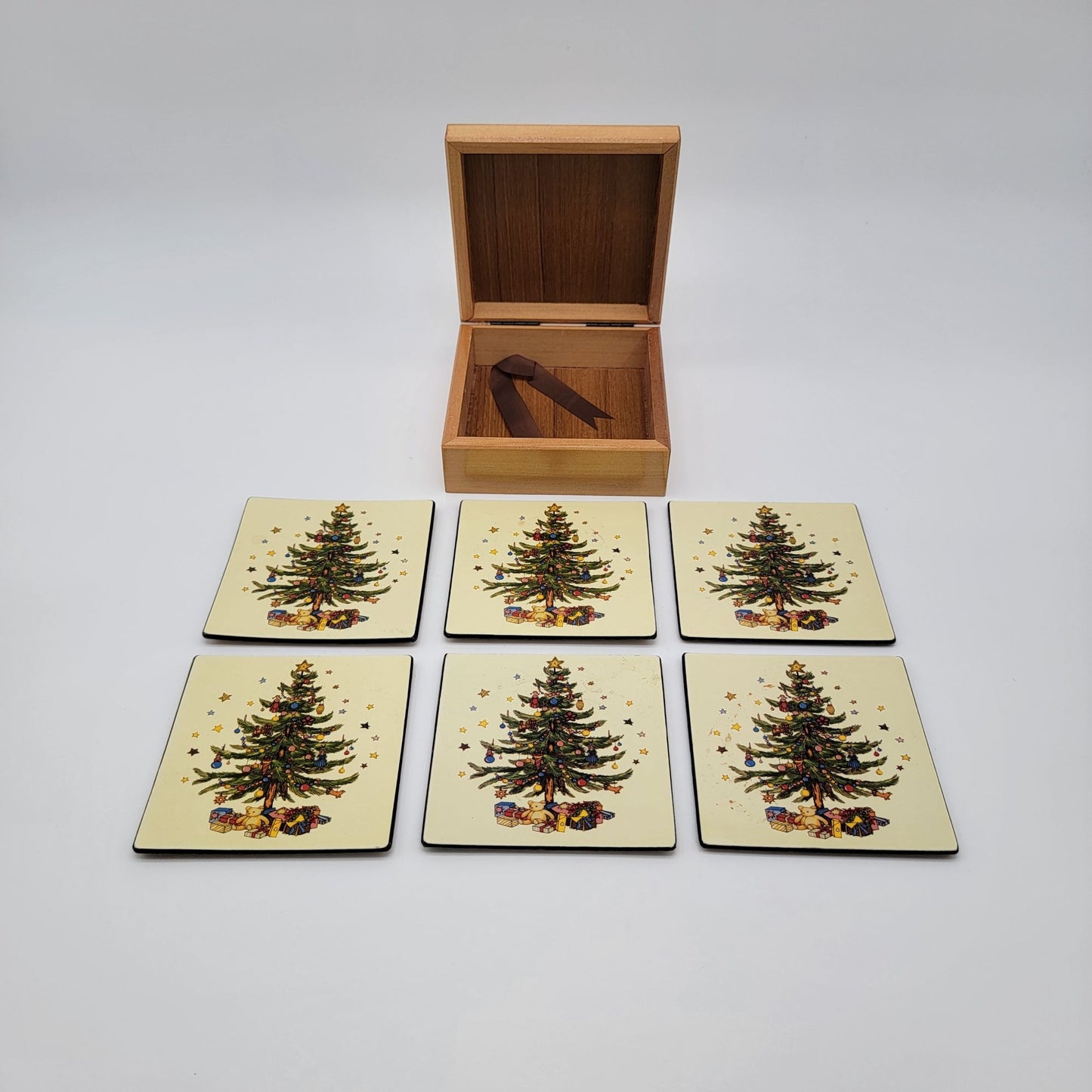 Lord & Taylor Taiwan Christmas Tree Coasters Cork Backing Set Of 6 In Wooden Box