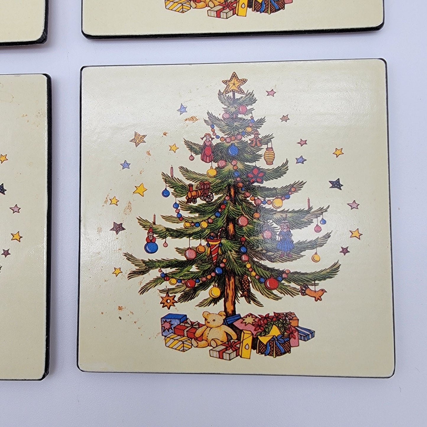 Lord & Taylor Taiwan Christmas Tree Coasters Cork Backing Set Of 6 In Wooden Box