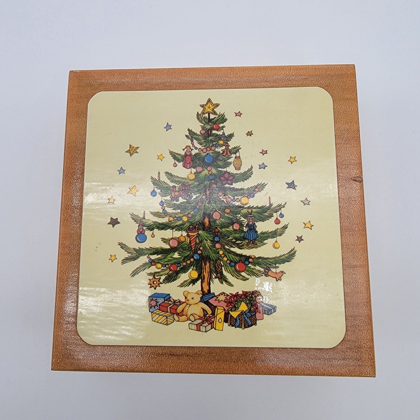 Lord & Taylor Taiwan Christmas Tree Coasters Cork Backing Set Of 6 In Wooden Box