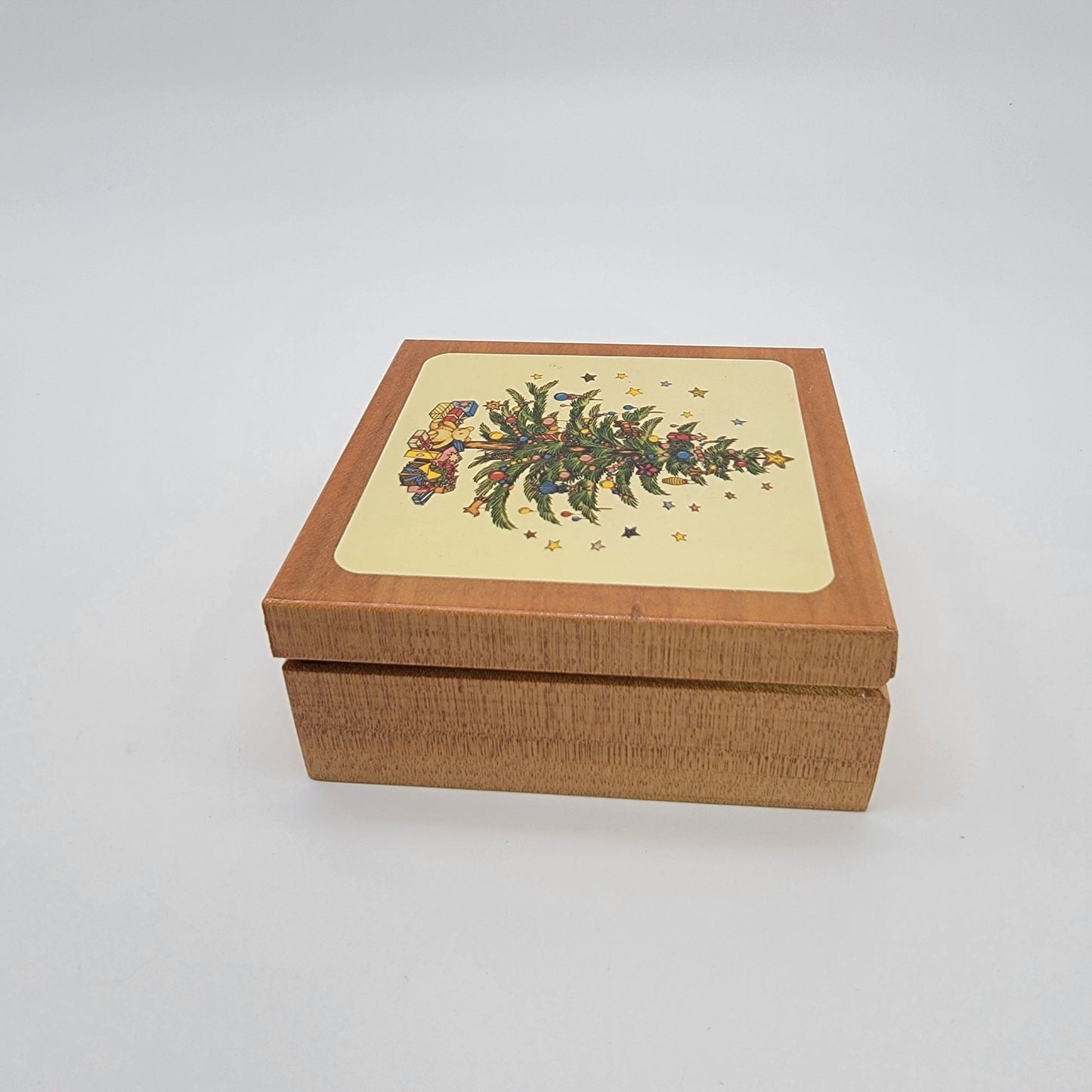 Lord & Taylor Taiwan Christmas Tree Coasters Cork Backing Set Of 6 In Wooden Box