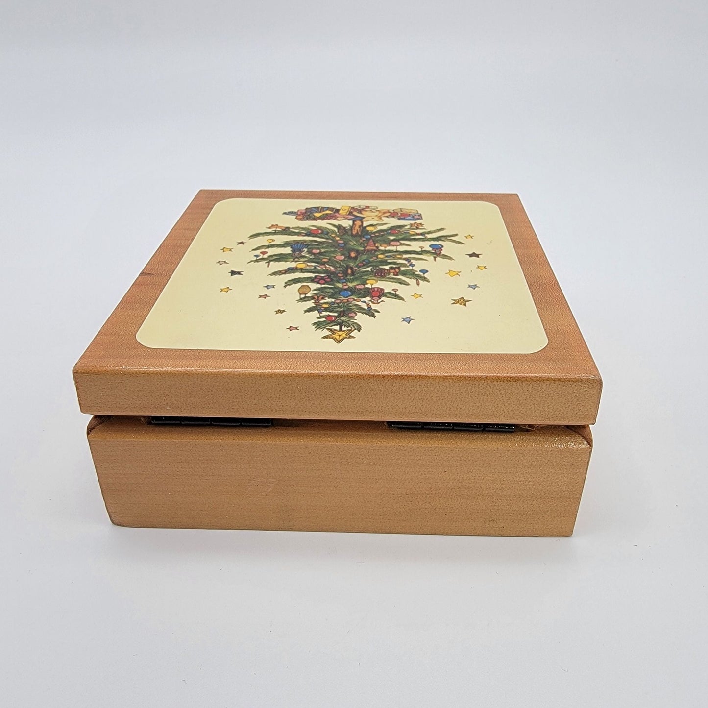 Lord & Taylor Taiwan Christmas Tree Coasters Cork Backing Set Of 6 In Wooden Box