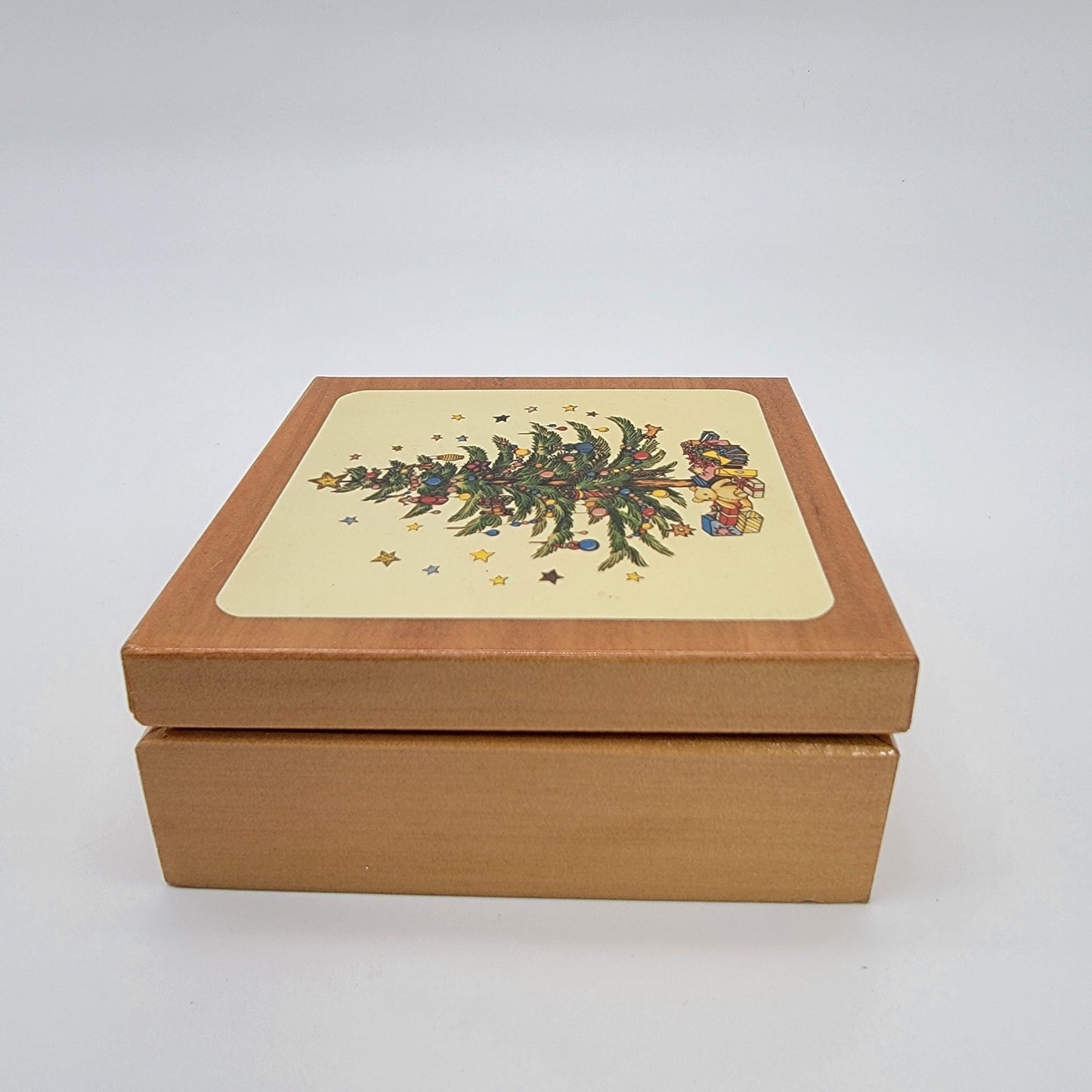 Lord & Taylor Taiwan Christmas Tree Coasters Cork Backing Set Of 6 In Wooden Box